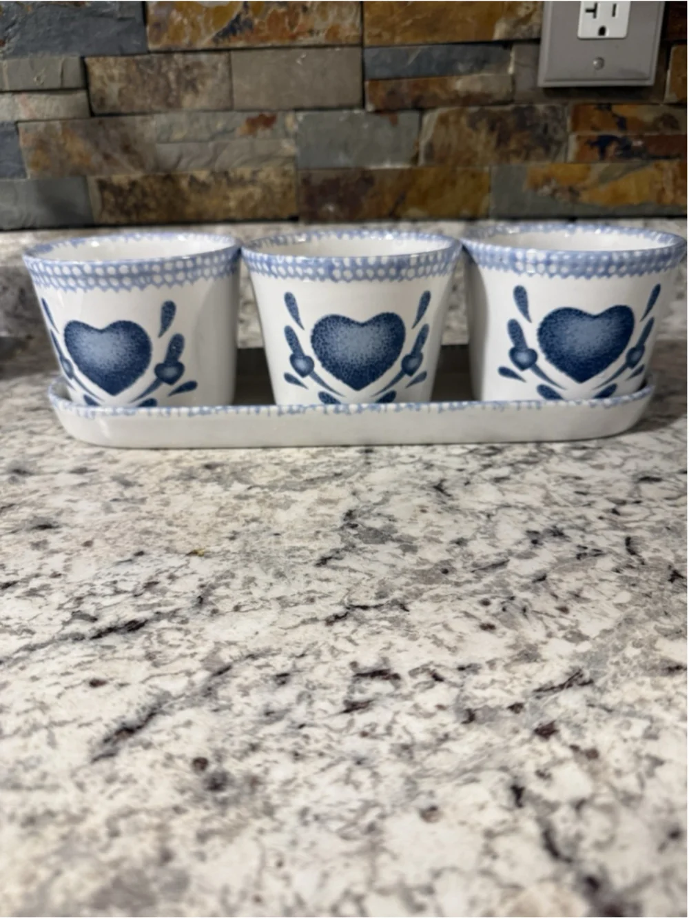 VTG Corning Corelle 3 Blue Heart Ceramic Window Planters with Tray Cottage